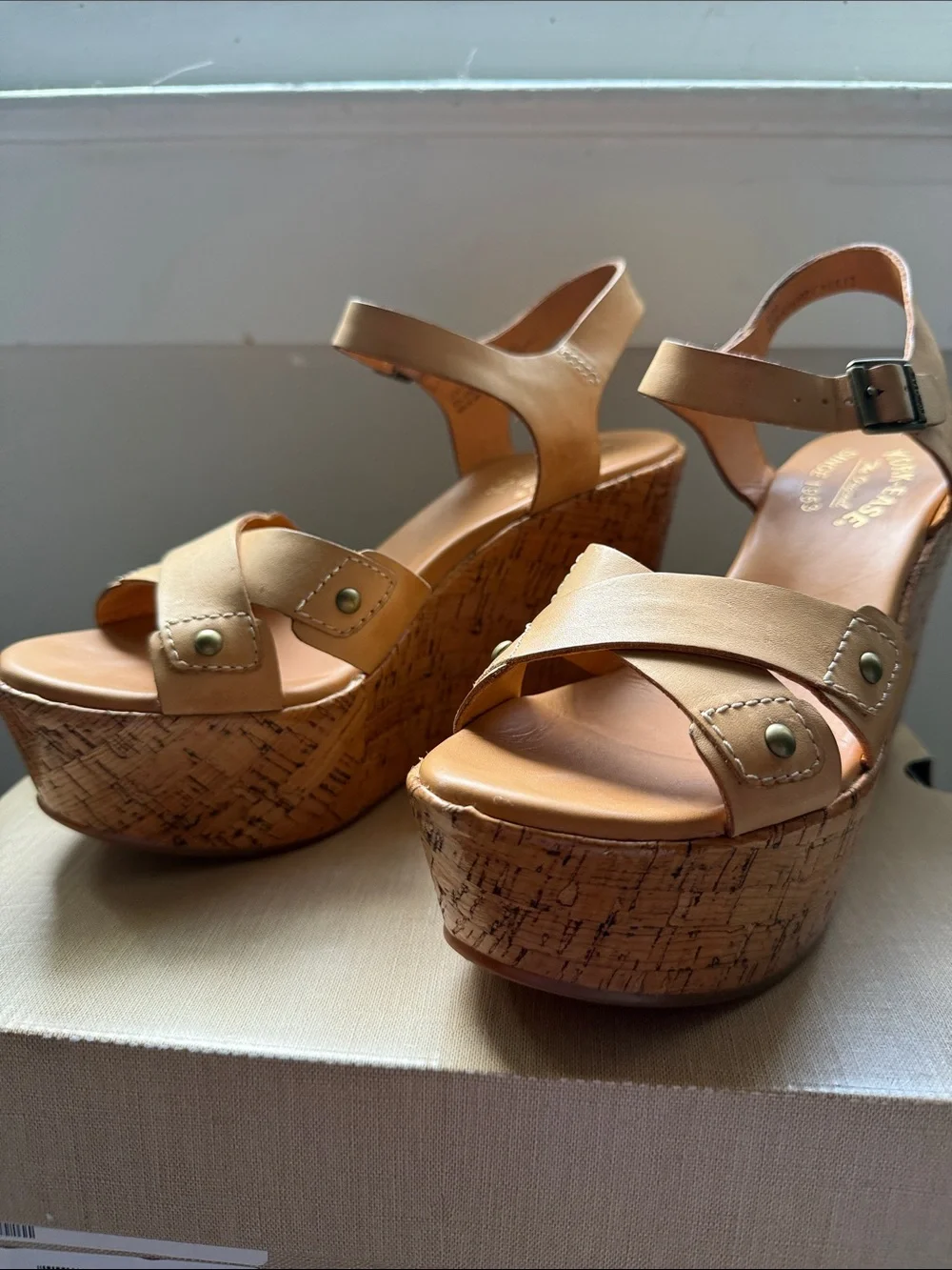 Kork-Ease Tan Leather Jaclyn Cork Platform Wedge Sandals 8
